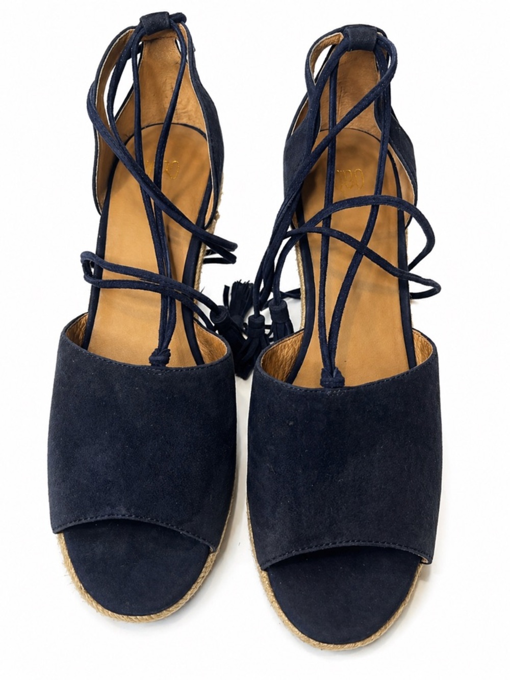 CAbi Lace-Up Espadrille Wedge Sandals Navy Suede Tassel Size 8.5